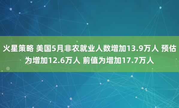 火星策略 美国5月非农就业人数增加13.9万人 预估为增加12.6万人 前值为增加17.7万人